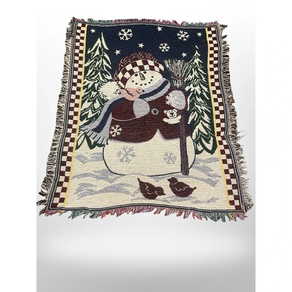 Vintage‎ Woven Tapestry Throw Blanket Snowman Winter Christmas Holiday 34x46